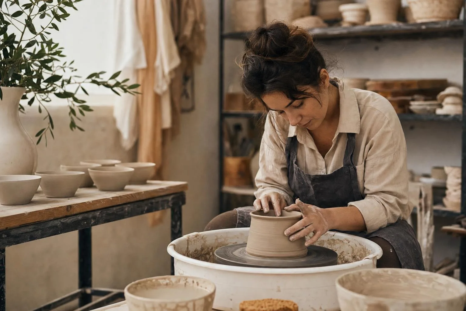 A calm marketplace workshop filled with handmade goods